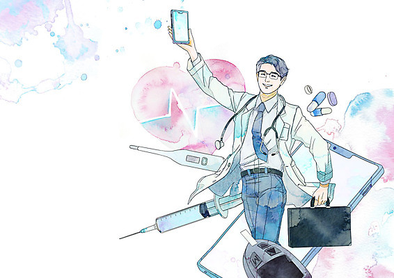 PSD 남자 일러스트 의학 청진기 모바일 수채화 건강 주사기 한명 서기 미소 들기 상반신 스마트폰 알약 보라색 의사 어플리케이션 온도계 체온계 혈당계 원격의료 성인남자한명만 4차산업 비대면서비스 주치의 온택트 국내일러스트 1 산업 컬러 의료기기 모션 표정 사람 핸드폰 스마트기기 약 진료 의료진 의료용품 서비스 원격 남자한명만 성인남자만 파일형식 언택트