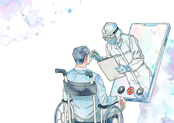 PSD 남자 일러스트 의학 모바일 수채화 건강 마스크 앉기 상반신 두명 파란색 스마트폰 진료 환자 의료진 어플리케이션 휠체어 전염병 화상통화 원격의료 4차산업 코로나바이러스 비대면서비스 주치의 온택트 델타변이바이러스 국내일러스트 직업 산업 컬러 모션 사람 핸드폰 스마트기기 의사 바이러스 질병 서비스 통화 원격 파일형식 언택트