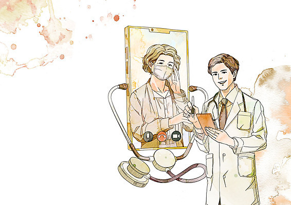 PSD 여자 노년 남자 일러스트 의학 청진기 모바일 수채화 건강 마스크 서기 미소 상반신 성인 두명 스마트폰 갈색 노란색 어플리케이션 전염병 화상통화 원격의료 4차산업 비대면서비스 주치의 온택트 델타변이바이러스 국내일러스트 산업 컬러 의료기기 모션 표정 사람 핸드폰 스마트기기 진료 의사 바이러스 질병 서비스 통화 원격 파일형식 언택트