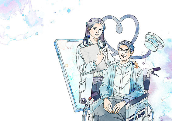 PSD 여자 남자 일러스트 의학 청진기 모바일 수채화 건강 서기 미소 들기 상반신 성인 두명 스마트폰 보라색 환자 의사 어플리케이션 휠체어 화상통화 원격의료 성인만 4차산업 비대면서비스 주치의 온택트 국내일러스트 산업 컬러 의료기기 모션 표정 사람 핸드폰 스마트기기 진료 의료진 서비스 통화 원격 파일형식 언택트