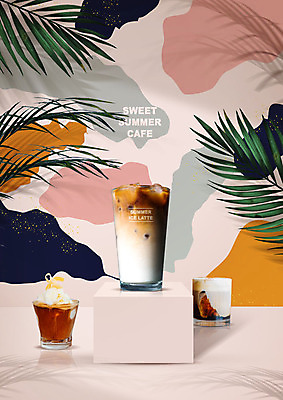 PSD 편집이미지 포스터 커피 음료 잎 아이스크림 디저트 사람없음 여름 컬러풀 야자수 카페 야자수잎 라떼 이미지편집 나무 식물 계절 음식 컬러 상점 파일형식