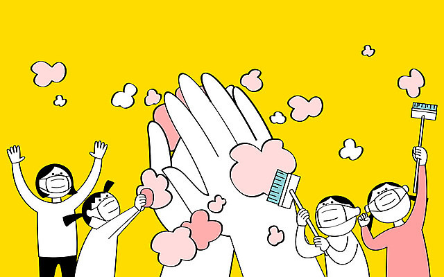 손 여자 남자 어린이 일러스트 마스크 들기 사람 여러명 상반신 신체부위 노란색 거품 솔 사회이슈 예방 손씻기 어린이만 코로나바이러스 델타변이바이러스 국내일러스트 AI파일 컬러 다수 컨셉 모션 바이러스 씻기 파일형식 벡터