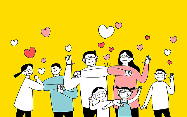 여자 남자 어린이 일러스트 마스크 사람 여러명 상반신 성인 노란색 하트 인사 사회이슈 예방 팔꿈치 코로나바이러스 델타변이바이러스 국내일러스트 AI파일 모양 컬러 다수 컨셉 신체부위 예절 바이러스 팔 파일형식 벡터