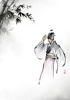 PSD 전통 옷 남자 일러스트 캘리그라피 붓터치 한명 사람 성인 전통의상 대나무 번짐 성인남자한명만 국내일러스트 나무 1 남자한명만 성인남자만 파일형식 효과