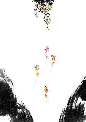 PSD 꽃 여러마리 일러스트 캘리그라피 붓터치 어류 사람없음 물 계곡 바위 동양화 언덕 소국 금붕어 번짐 사군자 국내일러스트 자연요소 식물 다수 미술 수중동물 돌_바위 파일형식 효과