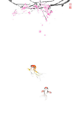 PSD 나무 꽃 줄기 두마리 일러스트 캘리그라피 붓터치 어류 풍경 사람없음 동양화 금붕어 번짐 낙관 붕어 국내일러스트 식물 2 미술 수중동물 파일형식 효과