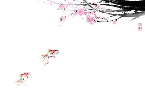 PSD 나무 꽃 줄기 두마리 일러스트 캘리그라피 붓터치 어류 풍경 사람없음 동양화 금붕어 번짐 낙관 붕어 국내일러스트 식물 2 미술 수중동물 파일형식 효과