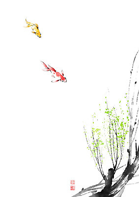 PSD 나무 줄기 두마리 일러스트 캘리그라피 붓터치 어류 풍경 사람없음 동양화 금붕어 번짐 낙관 붕어 국내일러스트 식물 2 미술 수중동물 파일형식 효과
