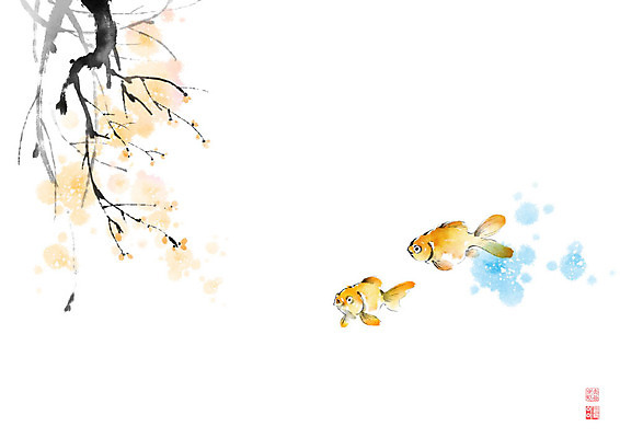 PSD 나무 꽃 줄기 두마리 일러스트 캘리그라피 붓터치 어류 풍경 사람없음 동양화 금붕어 번짐 낙관 붕어 국내일러스트 식물 2 미술 수중동물 파일형식 효과