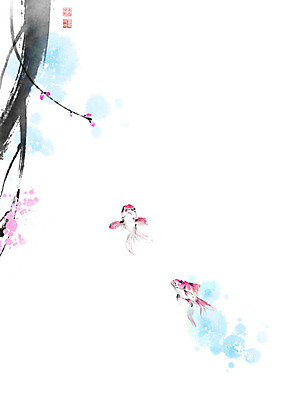 PSD 나무 꽃 줄기 두마리 일러스트 캘리그라피 붓터치 어류 풍경 사람없음 동양화 금붕어 번짐 낙관 붕어 국내일러스트 식물 2 미술 수중동물 파일형식 효과