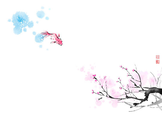PSD 나무 한마리 꽃 줄기 일러스트 캘리그라피 붓터치 어류 풍경 사람없음 동양화 금붕어 번짐 낙관 붕어 국내일러스트 식물 1 미술 수중동물 파일형식 효과