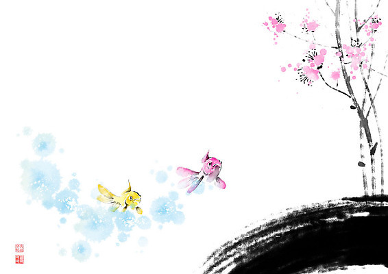 PSD 나무 꽃 줄기 두마리 일러스트 캘리그라피 붓터치 풍경 사람없음 동양화 금붕어 번짐 낙관 붕어 국내일러스트 식물 2 어류 미술 파일형식 효과