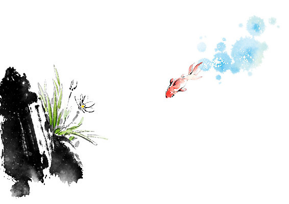 PSD 나무 한마리 꽃 줄기 일러스트 캘리그라피 붓터치 어류 풍경 사람없음 돌_바위 바위 동양화 금붕어 번짐 낙관 붕어 국내일러스트 식물 1 미술 수중동물 파일형식 효과