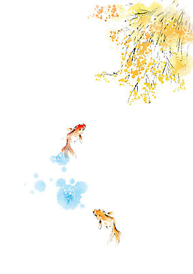 PSD 나무 꽃 줄기 두마리 일러스트 캘리그라피 붓터치 어류 풍경 사람없음 동양화 금붕어 번짐 낙관 붕어 국내일러스트 식물 2 미술 수중동물 파일형식 효과