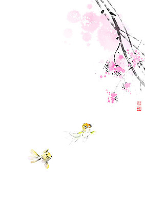 PSD 나무 꽃 줄기 두마리 일러스트 캘리그라피 붓터치 어류 풍경 사람없음 동양화 금붕어 번짐 낙관 붕어 국내일러스트 식물 2 미술 수중동물 파일형식 효과