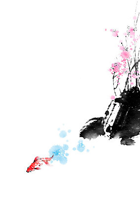 PSD 나무 한마리 꽃 줄기 일러스트 캘리그라피 붓터치 어류 풍경 사람없음 돌_바위 바위 동양화 금붕어 번짐 낙관 붕어 국내일러스트 식물 1 미술 수중동물 파일형식 효과