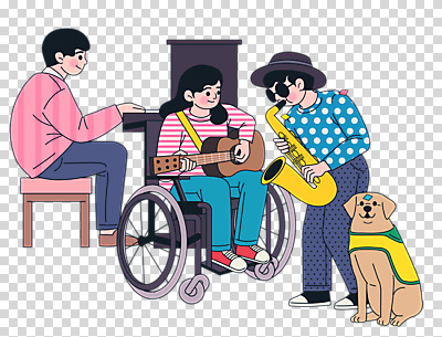 전신 편집 편집이미지 여자 남자 누끼 세명 기타 피아노 장애인 휠체어 꽃가루 풍선 연주회 PNG 시각장애인 안내견 장애인의날 편집소스 현악기 사람 건반악기 개 가루 음악회 장애 파일형식 법정기념일