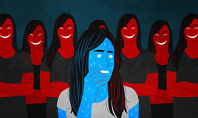 PSD 여자 일러스트 서기 사람 여러명 상반신 팔짱 불안 변장 우울증 정신병 정신질환 성인여자만 조울증 조현병 국내일러스트 감정 다수 모션 질병 여자만 성인만 파일형식