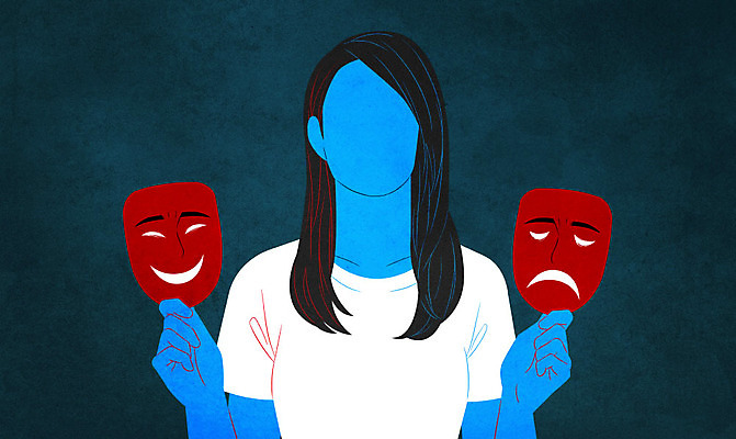 PSD 여자 일러스트 표정 가면 한명 웃음 들기 사람 상반신 성인 슬픔 불안 우울증 정신병 정신질환 얼굴없음 성인여자한명만 조울증 조현병 국내일러스트 1 감정 모션 질병 여자한명만 성인여자만 파일형식