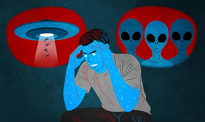 PSD 남자 일러스트 한명 사람 앉기 상반신 믿음 외계인 불안 UFO 정신병 정신질환 성인남자한명만 과대망상 조현병 국내일러스트 1 감정 모션 미확인물체 질병 사자성어 남자한명만 성인남자만 파일형식