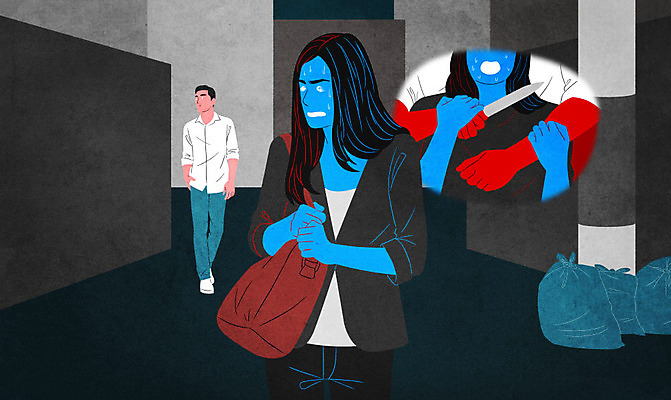 전신 PSD 여자 남자 일러스트 사람 상반신 두명 걷기 피해 보행자 칼 골목길 불안 전봇대 쓰레기더미 정신병 정신질환 성인만 과대망상 조현병 국내일러스트 공공시설 감정 길 모션 질병 사자성어 파일형식 더미