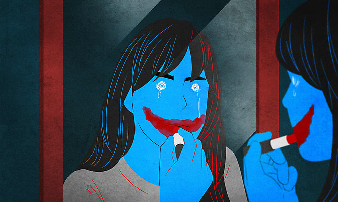 PSD 여자 일러스트 한명 웃음 사람 화장 거울 립스틱 그리기 정신병 정신질환 성인여자한명만 조현병 국내일러스트 1 모션 표정 뷰티 화장품 질병 여자한명만 성인여자만 파일형식