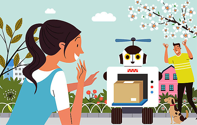 전신 나무 구름 여자 남자 꽃 반려견 일러스트 사람 상반신 두명 울타리 상자 강아지 로봇 배송 택배 전달 성인만 자율주행 국내일러스트 AI파일 자연요소 식물 담장 반려동물 운전 운송업 개 파일형식 벡터 4차산업