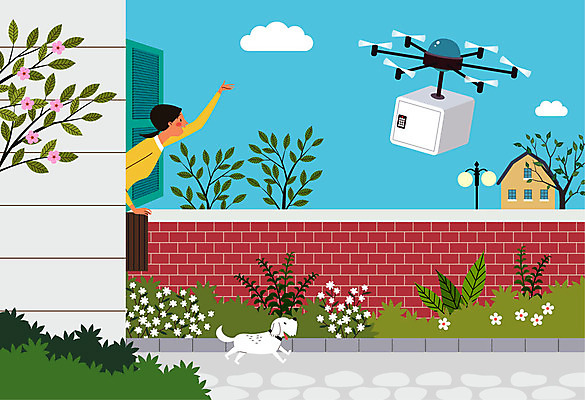 나무 구름 여자 꽃 반려견 가로등 일러스트 한명 사람 상반신 성인 담장 상자 강아지 로봇 배송 택배 전달 택배상자 드론 반려 성인여자한명만 자율주행 모빌리티 국내일러스트 AI파일 자연요소 식물 1 공공시설 교통수단 반려동물 운전 운송업 개 여자한명만 성인여자만 파일형식 벡터 4차산업