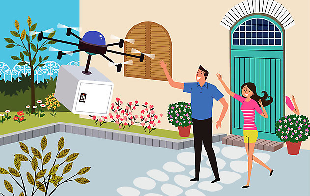 전신 나무 구름 여자 남자 꽃 화분 일러스트 사람 성인 두명 상자 문 로봇 배송 택배 택배상자 드론 성인만 자율주행 모빌리티 국내일러스트 AI파일 자연요소 식물 교통수단 운전 운송업 파일형식 벡터 4차산업