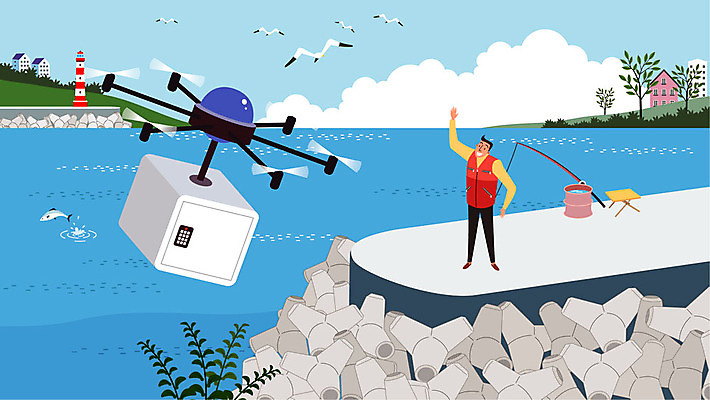 전신 나무 구름 남자 꽃 바다 의자 일러스트 갈매기 낚시 등대 어류 한명 사람 성인 상자 낚싯대 로봇 배송 택배 전달 방파제 드론 성인남자한명만 자율주행 모빌리티 국내일러스트 AI파일 자연요소 식물 1 공공시설 교통수단 가구 조류 레저 수중동물 운전 운송업 낚시용품 남자한명만 성인남자만 파일형식 벡터 4차산업