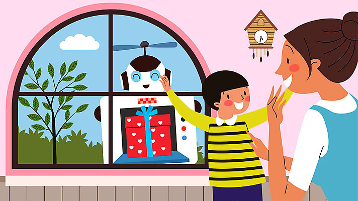 나무 여자 남자 꽃 어린이 시계 일러스트 엄마 선물 사람 상반신 성인 두명 선물상자 상자 기쁨 로봇 배송 전달 자율주행 국내일러스트 AI파일 식물 감정 가족 운전 파일형식 벡터 4차산업