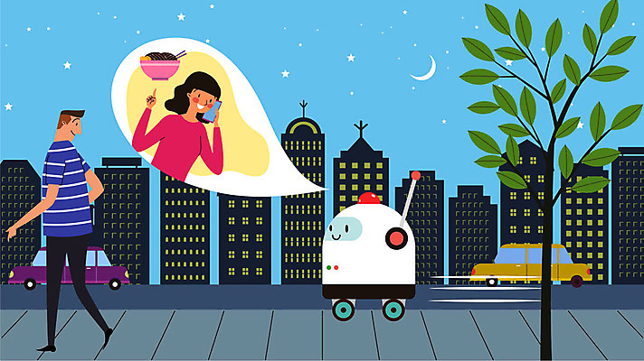 전신 여자 남자 별 음식 말풍선 일러스트 자동차 사람 상반신 성인 두명 건물 초승달 로봇 배송 전달 주문 성인만 자율주행 음식배달 국내일러스트 AI파일 자연요소 건축물 육상교통 운전 달 파일형식 벡터 4차산업