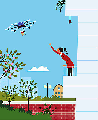 전신 나무 구름 여자 꽃 커피 가로등 일러스트 한명 사람 성인 담장 발코니 로봇 배송 전달 드론 성인여자한명만 자율주행 모빌리티 국내일러스트 AI파일 자연요소 식물 1 공공시설 음료 교통수단 운전 여자한명만 성인여자만 파일형식 벡터 4차산업