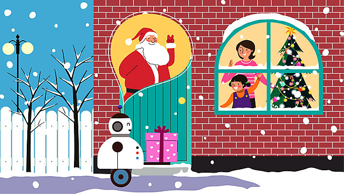 여자 남자 어린이 말풍선 크리스마스 겨울 가로등 일러스트 엄마 선물 사람 소녀 성인 세명 선물상자 울타리 크리스마스트리 산타클로스 문 눈 로봇 전달 선물배달 집앞 자율주행 국내일러스트 AI파일 자연요소 계절 공공시설 기념일 가족 날씨 담장 상자 운전 배송 파일형식 벡터 4차산업