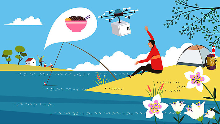 전신 나무 구름 남자 꽃 음식 말풍선 일러스트 배낭 낚시 텐트 사람 두명 상자 손들기 스쿠터 낚싯대 로봇 배송 전달 드론 성인남자만 자율주행 음식배달 모빌리티 국내일러스트 AI파일 자연요소 식물 교통수단 가방 모션 레저 캠핑도구 운전 오토바이 낚시용품 남자만 성인만 파일형식 벡터 4차산업