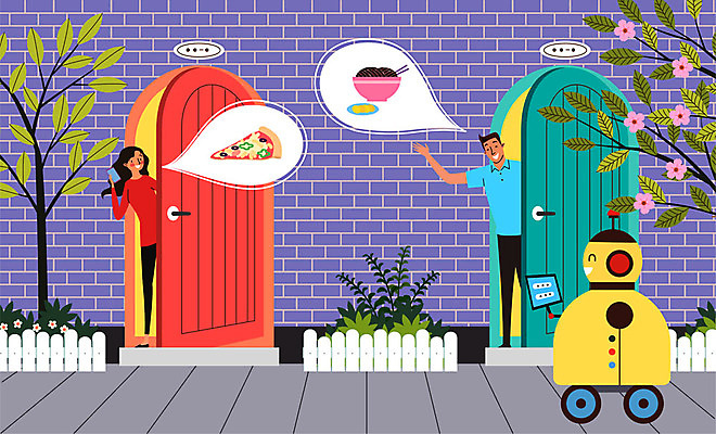 전신 나무 여자 남자 꽃 음식 말풍선 일러스트 피자 사람 성인 두명 짜장면 로봇 배송 전달 화단 주문 성인만 자율주행 음식배달 국내일러스트 AI파일 식물 패스트푸드 서양음식 중식 운전 파일형식 벡터 4차산업