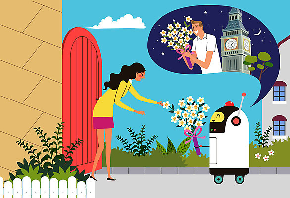 전신 나무 구름 여자 남자 꽃 별 꽃다발 말풍선 일러스트 사람 상반신 성인 두명 문 초승달 로봇 배송 전달 화단 빅벤 성인만 자율주행 국내일러스트 AI파일 자연요소 식물 운전 달 시계탑 런던 파일형식 벡터 4차산업