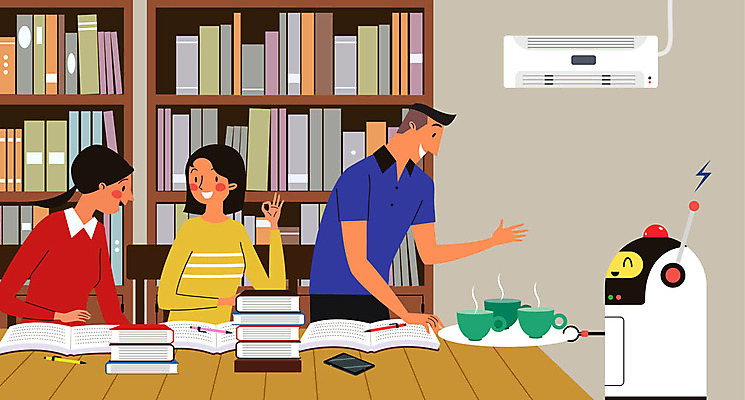 여자 남자 커피 일러스트 탁자 잔 책장 들기 사람 성인 책 세명 스마트폰 공책 도서관 에어컨 로봇 배송 전달 성인만 자율주행 국내일러스트 AI파일 식기 교육 음료 가구 모션 문구용품 핸드폰 스마트기기 운전 가전제품 파일형식 벡터 4차산업