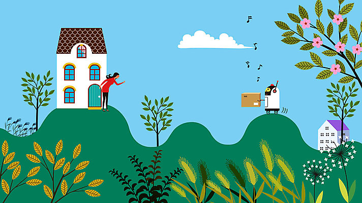 전신 나무 구름 여자 꽃 일러스트 한명 들기 사람 성인 상자 절벽 로봇 배송 택배 전달 성인여자한명만 자율주행 구불길 국내일러스트 AI파일 자연요소 식물 1 길 모션 운전 운송업 군산 여자한명만 성인여자만 파일형식 벡터 4차산업