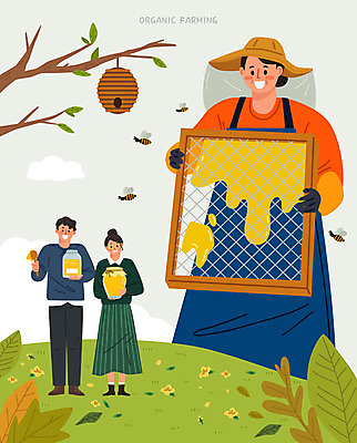 전신 여자 남자 일러스트 자연 들기 사람 상반신 성인 세명 구매 농부 벌 고객 유기농 꿀 벌집 꿀단지 양봉 양봉장 성인만 국내일러스트 AI파일 직업 웰빙 곤충 모션 쇼핑 생태계 파일형식 벡터