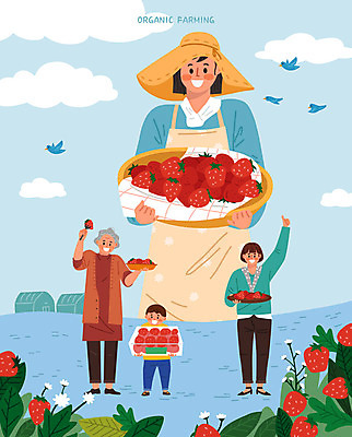 전신 여자 노년 남자 어린이 하늘색 일러스트 응원 딸기 들기 사람 여러명 상반신 성인 바구니 수확 구매 농부 고객 유기농 딸기농장 국내일러스트 AI파일 직업 웰빙 다수 농업 과일 모션 파란색 쇼핑 농장 파일형식 벡터