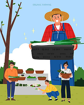 전신 나무 여자 남자 중년 하늘색 채소 일러스트 양파 들기 사람 잔디 여러명 상반신 성인 바구니 시장 구매 농부 고객 유기농 파 대파 국내일러스트 AI파일 식물 직업 웰빙 다수 모션 파란색 쇼핑 파일형식 벡터