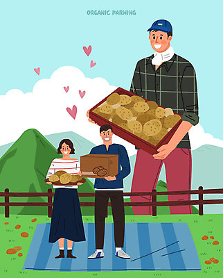전신 커플 여자 남자 하늘색 일러스트 자연 감자 사랑 들기 사람 상반신 성인 세명 상자 하트 구매 농부 고객 돗자리 유기농 강원도 성인만 국내일러스트 AI파일 모양 직업 웰빙 감정 채소 관계 모션 한국 파란색 쇼핑 생태계 파일형식 벡터