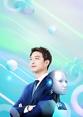 PSD 편집이미지 응시 남자 비즈니스 미래 정보기술 한명 상반신 20대 성인 파란색 팔짱 한국인 과학기술 비즈니스맨 스마트 로봇 성인남자한명만 4차산업 미래산업 AI_인공지능 이미지편집 1 시선 산업 컬러 컨셉 모션 기술 사람 동양인 청년 직장인 남자한명만 성인남자만 파일형식