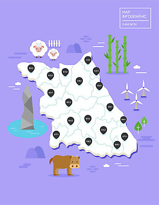 지도 일러스트 사람없음 보라색 인포그래픽 양 소 풍력에너지 대나무 풍력발전소 강원도 지역 한우 대나무숲 랜드마크 촛대바위_강원도 국내일러스트 AI파일 나무 컬러 포유류 한국 소고기 발전소 바위_돌 그린에너지 숲 파일형식 벡터