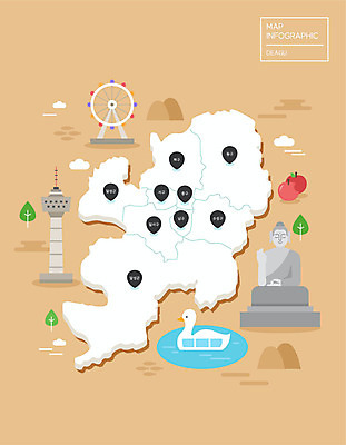 지도 일러스트 사람없음 갈색 놀이공원 인포그래픽 사과 부처 대관람차 지역 대구 랜드마크 부처님상 오리배 83타워 수성못 국내일러스트 AI파일 컬러 불교 과일 어류 테마파크 놀이기구 불상 전망대 파일형식 벡터