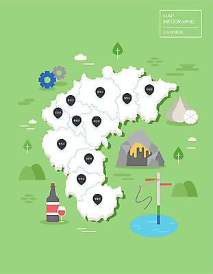 지도 일러스트 마늘 사람없음 초록색 와인 인포그래픽 번지점프 톱니바퀴 박물관 지역 충청북도 고수동굴 랜드마크 국내일러스트 AI파일 컬러 채소 주류 동굴 익스트림스포츠 충청도 파일형식 벡터
