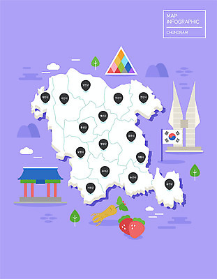 지도 일러스트 딸기 사람없음 보라색 인포그래픽 인삼 충청남도 태극기 지역 독립기념관 랜드마크 백제문화단지 국내일러스트 AI파일 컬러 과일 유적지 삼 국기 충청도 기념관 부여 파일형식 벡터