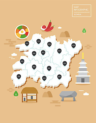 지도 일러스트 고추 사람없음 갈색 인포그래픽 고추장 석탑 전라북도 비빔밥 지역 한옥마을 고인돌 랜드마크 국내일러스트 AI파일 한식 컬러 채소 한옥 마을 탑 무덤 양념 전라도 청동기 파일형식 벡터