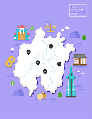 지도 일러스트 사람없음 탑 보라색 테마파크 인포그래픽 배 지역 엽전 한옥마을 양팔저울 대전 랜드마크 엑스포 오월드 국내일러스트 AI파일 건축물 컬러 과일 놀이 한옥 한국 저울 마을 동전 공간 파일형식 벡터